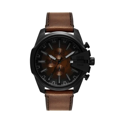 Afbeelding van Diesel Mega Chief Slim herenhorloge, chronograaf horloge met roestvrijstalen of leren band, Rustiek Bruin