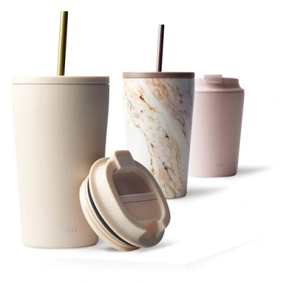 Afbeelding van Mameido Thermosbeker met rietje, 470 ml, waterdichte koffiethermos, van roestvrij staal, BPA vrije thermobeker, koffiebruin (Ivoor beige, 0,47 l)