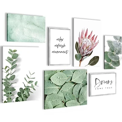 Afbeelding van Schilderijen Set KLAAR OM OP TE HANGEN Foto Muur Groene Bladeren Plant 7 Delen N005371a