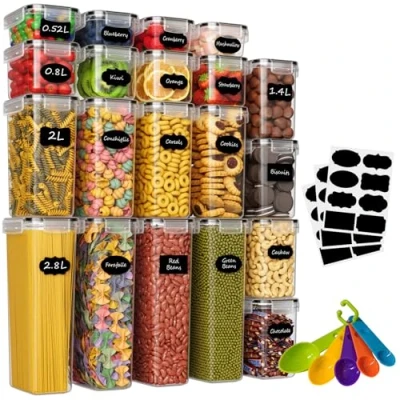 Afbeelding van voorraaddozen luchtdichte set van 20 opbergdozen keuken met deksel plastic, keukencontainers voor spaghetti, meel, muesli, cornflakes (2,8 l, 2 1,4 0,8 0,52 l)