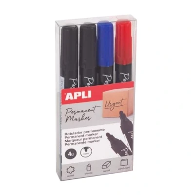 Afbeelding van APLI 19685 4 x permanente marker met ronde punt, 3 mm, 2 zwart, 1 blauw, rood, meerdere oppervlakken.