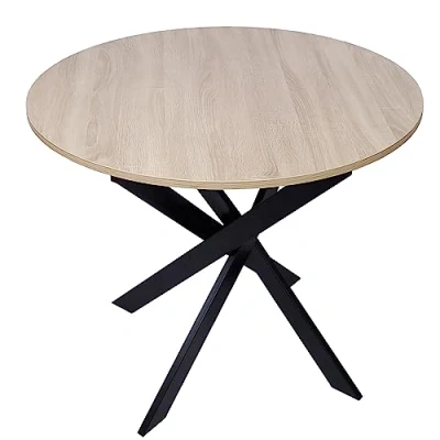 Afbeelding van Skraut Home Eettafel vast rond, model ZEN, 90 x 77 cm hoog, capaciteit voor 4 personen, duurzame materialen, kleur eiken, poten van metaal, zwart mat gelakt