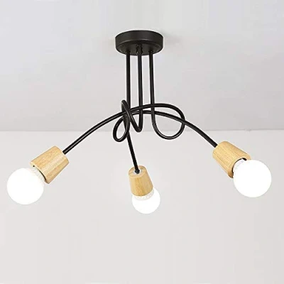 Afbeelding van iDEGU Industriële retro metalen kroonluchter, lampenkap, E27, moderne lamp, hanglamp voor woonkamer slaapkamer eetkamer (hout + zwart, 3 lampen) zonder lampen
