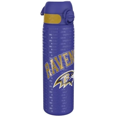 Image de NFL Ravens Bouteille d&#039;eau en acier légère, 600 ml/20 oz, non isolée, étanche, facile à ouvrir, verrouillage sécurisé, passe au lave vaisselle, couvercle rabattable, compatible porte gobelet