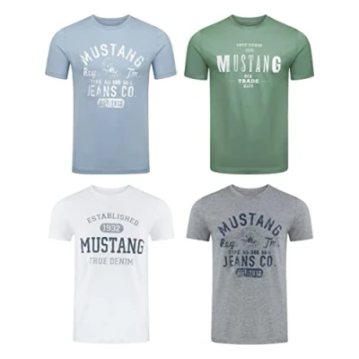 Afbeelding van Mustang Set van 4 T shirts voor heren met print op de voorkant en ronde hals, kleurenmix blauw zwart