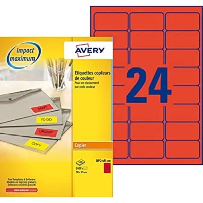 Afbeelding van Kopieeretiket Avery 70x35mm fluorrood doos 100 vel 24 et.
