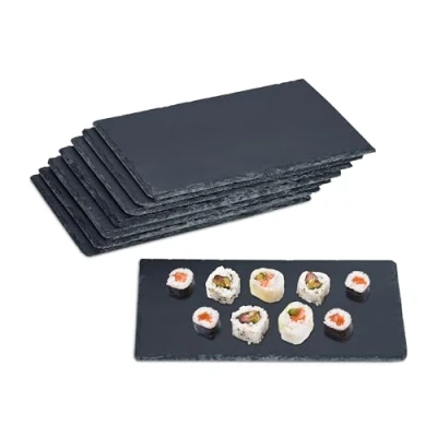 Afbeelding van Relaxdays Set van 8 rechthoekige leisteen dienbladen 26 x 16 cm Voor kaas, sushi, desserts, buffet Antraciet