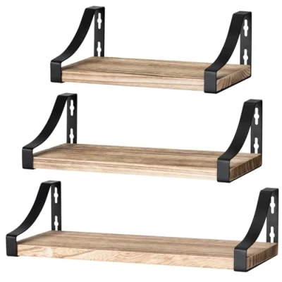 Afbeelding van Pipishell wandrek, 3 stuks, hout en metaal, opbergrek, rustieke draad, maximale belasting 20 kg, voor woonkamer, slaapkamer, kantoor, badkamer of keuken