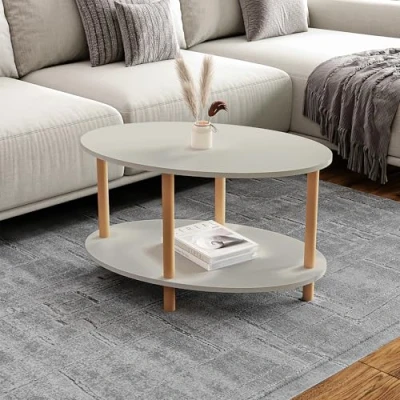 Afbeelding van [en.casa] Table Basse Ovale avec Surface de Rangement Meuble Salon Design Panneau Particules Bois Hêtre 43 x 70 44 cm Grège Naturel