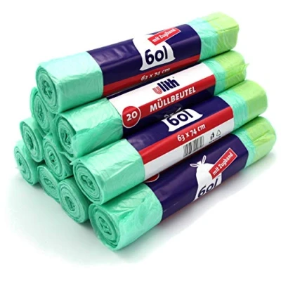 Afbeelding van 200 stuks vuilniszakken met trekkoord, 60 l, 20 per rol, 63 x 74 cm, scheurvast en vloeistofdicht (10 rollen)