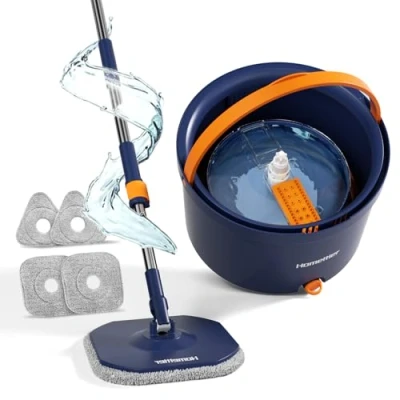 Afbeelding van CIOXSOIO Dweilset met emmer, 2 in 1 mop en ruitenwisser 132 cm kamersysteem voor het scheiden van vuil zoet water 4 microvezel reinigingspads, reiniging