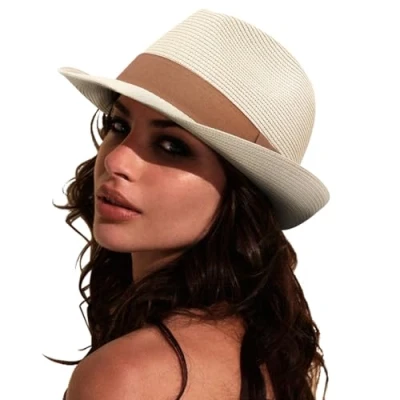 Afbeelding van DRESHOW Strohoed voor dames en heren, panamahoed, zomerhoed, brede rand, zonnehoed, uv bescherming, strand, reizen, Short Brim: Bruin