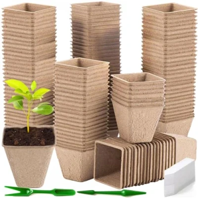 Afbeelding van ZZXLOPEZ 100 stuks biologisch afbreekbare vierkante kweekpotten van 8 cm met plantenetiketten en 2 gereedschappen, turfvrij, voor alle zaden, bloemen, groenten fruit