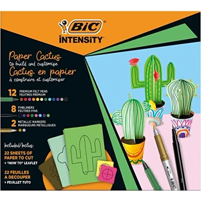 Afbeelding van BIC Intensity set Cactus papier met 12 viltstiften, 8 fijne 2 metalen permanente 22 voorgesneden bedrukte vellen Verschillende kleuren, 44 delige
