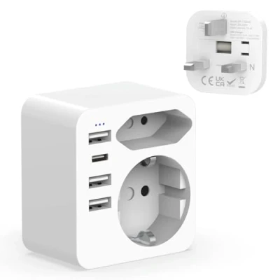 Afbeelding van Hoppac Adapter Frans, Frankrijk naar VK met Engelse Europese en Schuko stekker, type G voor gebruik in het Verenigd Koninkrijk Ierland