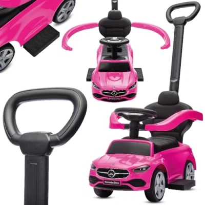 Afbeelding van Mercedes C Class Kindervoertuig 4in1, Loopauto met Claxon, Opbergruimte, Voetsteun, Duwstang, tot 2 jaar, max 27 kg, baby ride on (Roze)
