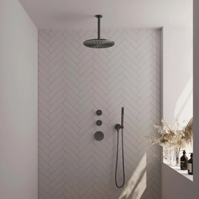 Afbeelding van Brauer Gunmetal carving Regendoucheset inbouw hoofddouche 30cm plafondarm 20cm 3 knoppen handdouche staaf 1 stand PVD geborsteld