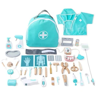 Afbeelding van umu® Deluxe houten dokterskoffer, speelset met stethoscoop, bloeddrukmeter, tandarts gereedschapskist en nog veel meer, dokterspeelgoed voor rollenspel, 36 delige set meisjes jongens van 3, 4, 5 jaar
