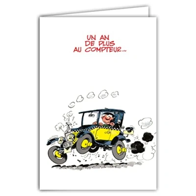 Afbeelding van Afie Gaston Lagaffe GLCT 0123 verjaardagskaart met motief een jaar ouder, auto, bloem