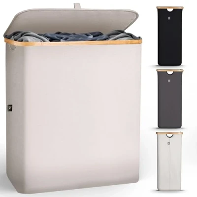 Afbeelding van wasmand, XXL, 141 l, met 2 zakken, opvouwbaar, deksel, bamboe, stof handvat