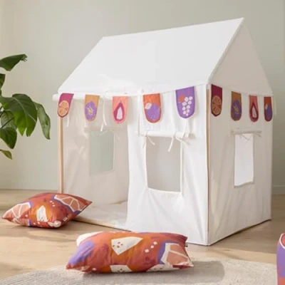 Afbeelding van howa Kindertent indoor Speelhuis Katoen Speeltent met Slinger, 2 Kussenhoezen, Vloermat, L110cmx B80cm x H125cm, 3 ramen en zijpanelen die open kunnen 85152