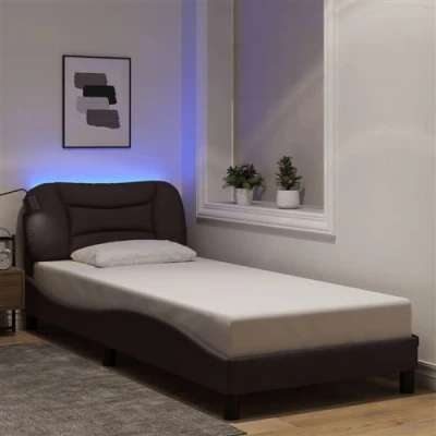 Afbeelding van vidaXL Cadre de Lit avec Lumières LED, Simple Coussin Tête Lit, Adulte, Meuble Chambre, Moderne, Marron Foncé 90x190 cm Tissu