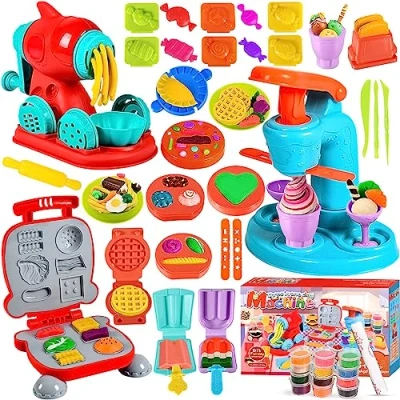 Afbeelding van MUOIVG Kitchen Creations 51 delige boetseerklei voor kinderen, pastamachine, hamburger, ijs, accessoires met en 12 dozen boetseerklei, cadeauspeelgoed kinderen