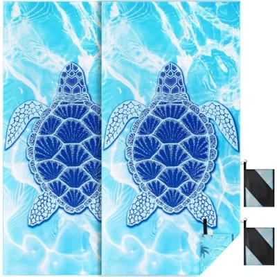 Afbeelding van Strandhanddoek XXL 2 delige set 90 x 180 cm, grote sneldrogende microvezel handdoek, zandvrije badhanddoek, stranddeken voor vrouwen (blauwe schildpad 2)