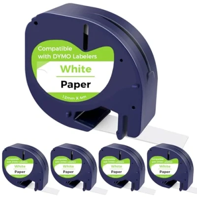 Afbeelding van CNMTCCO 5 stuks Dymo Letratag labeltape compatibel 12mm x 4m wit werkt voor LT 100T 200B, 100H XR zwart op