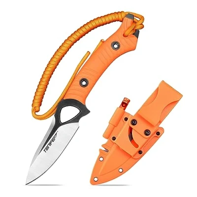 Image de TONIFE Explorer Couteau fixe avec étui plastique Lame 8Cr14MoV de survie, manche en nylon renforcé fibres verre pour le camping plein air EDC (orange+noir titane et satin)