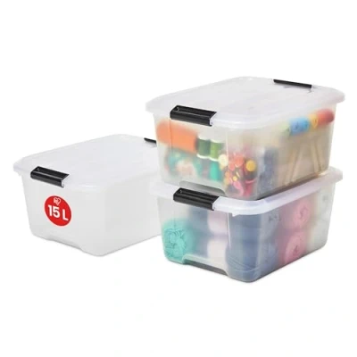 Image de Iris Ohyama, Boite Rangement en Plastique avec Couvercle, 15L, Lot de 3, Transparent, Clips Fermeture, Poignée, Empilable, Portable, Solide &amp; Durable, pour Dressing, Garage, Chambre, Bureau, TB 15