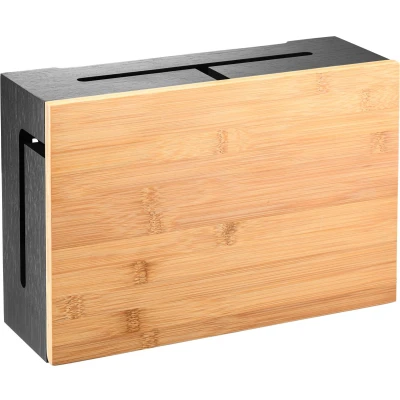 Afbeelding van Kos design Zwarte kabelbox Opberg stekkerdoos Bamboe Kabeldoos bureau Snoeren opbergen Cablebox organizer