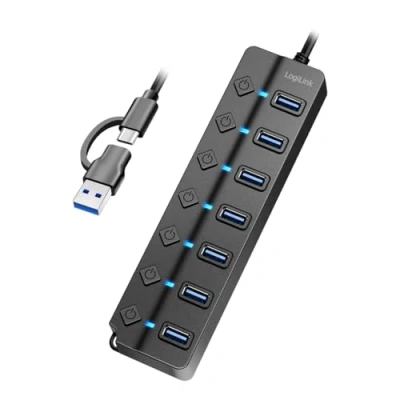 Afbeelding van LogiLink UA0420 USB 3.2 Gen1 hub met 7 poorten en aan/uit schakelaar (per poort)