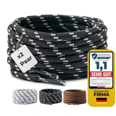 Afbeelding van LaceHype 2 paar ronde veters, diameter 4,5 mm, polyester, voor laarzen, werkschoenen, outdoor en sportschoenen, scheurbestendige zwart/wit, 130 cm,