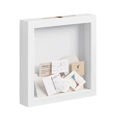 Afbeelding van EUGAD 3D fotolijst om te vullen, spaarpot, objectlijst, 20 x cm, diepe lijst voor objecten tot 3 vierkante houten bankbiljetten, wijnkoord, bieronderzetter, wit