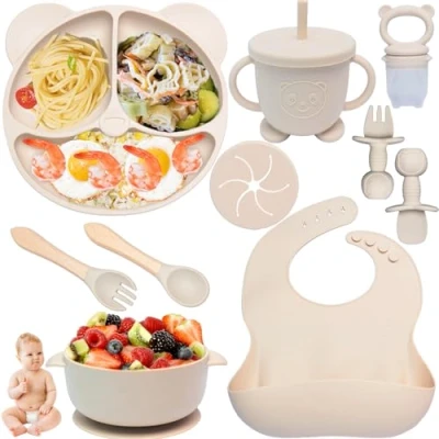 Afbeelding van Lot de 10 couverts en silicone pour bébé, antidérapant, avec ventouse, d&#039;apprentissage des aliments cuillère, fourchette, bol, bavoir, rose
