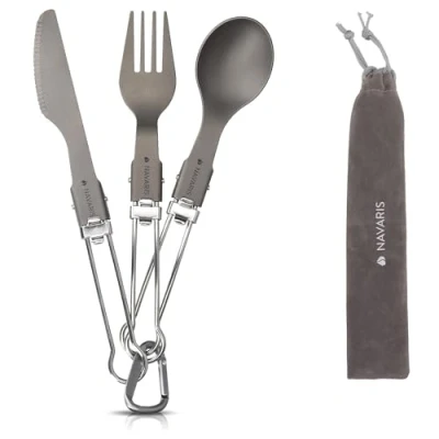 Afbeelding van Navaris campingbestek van titanium Set met vork, mes en lepel Inklapbaar Bestekset voor onderweg Inclusief karabijnhaak bewaarzakje