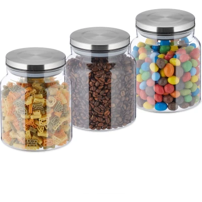 Afbeelding van Relaxdays voorraadpot met deksel set van 3 glazen bewaarpotten pastapotten 1100 ml