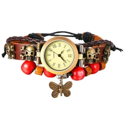 Afbeelding van JewelryWe Retro leren dameshorloge: doodshoofd, vlinder, analoog, kwarts, met gevlochten kralen, verstelbare armband Romeinse cijfers, bruin, Bruin