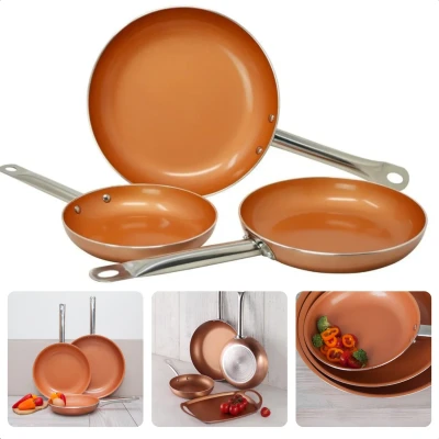 Afbeelding van Cheqo® 3 delige Koperen Koekenpannen Set Gesmeed Aluminium Non stick Coating Alle Warmtebronnen Inductie Geschikt RVS Handgrepen Koekenpan Pannenset