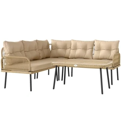 Afbeelding van Outsunny Tuinmeubelset voor buiten, polyrotan, 5 zits, 2 zitsbanken, hoekstoel, tafel van gehard glas en kussens inbegrepen, tuinmeubelen terras, balkon, natuurlijk houteffect