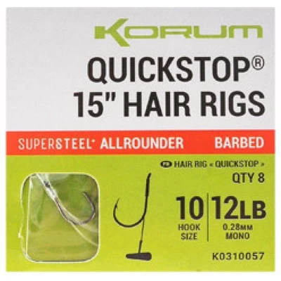 Afbeelding van Korum Supersteel Allrounder Big Fish Quickstop Hair Rigs 4&quot; Barbed (8 pcs) Maat : Haak 10 0.28mm