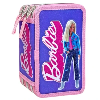 Afbeelding van Clondo Etui met 3 vakken, 3D kinderen, jongens en meisjes, drievoudige vulling, 44 accessoires voor school, jongens, ritssluitingen, 20 cm, viltstiften, potloden, schrijfwaren, Barbie 25