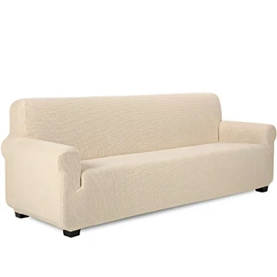 Afbeelding van TIANSHU Bankovertrek voor 4 zitsbank, jacquard, elastische bankhoes, bank met armleuningen, bankbekleding, decoratie woonkamer of slaapkamer, ivoorwit