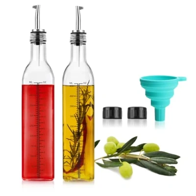 Afbeelding van COM FOUR® 7 delige set glazen flessen met weegschaal en trechter voor het mengen van oliën, azijn, likeuren, sterke drank doseerfles opzetstuk (7 set)