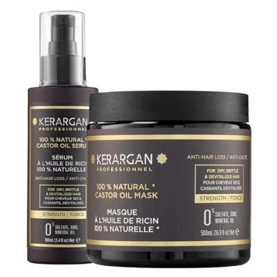 Afbeelding van Kerargan Duo anti haaruitval masker en serum met ricinusolie voor droog, broos gedevitaliseerd haar Versterkt bevordert de groei Sulfaatvrij, minerale olie GMO 500 ml + 100