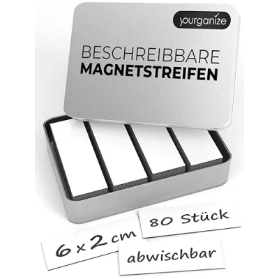 Afbeelding van YOURGANIZE® Set van 80 beschrijfbare magneetstrips 60 x 20 mm Voor koelkast, whiteboard en schoolbord Magnetische strips Wit