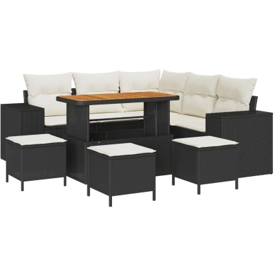 Afbeelding van vidaXL 8 delige tuinbankset met kussens Zwart Poly Rattan Acacia, 3 tuin eetset Acacia