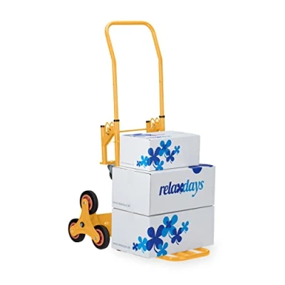 Afbeelding van Relaxdays Trappenwagen, opvouwbare transportwagen, tot 50/150 kg, massieve banden, in hoogte verstelbaar, geel