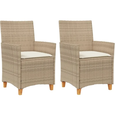 Afbeelding van Tuinstoelen 2 st met kussens poly rattan en massief hout beige